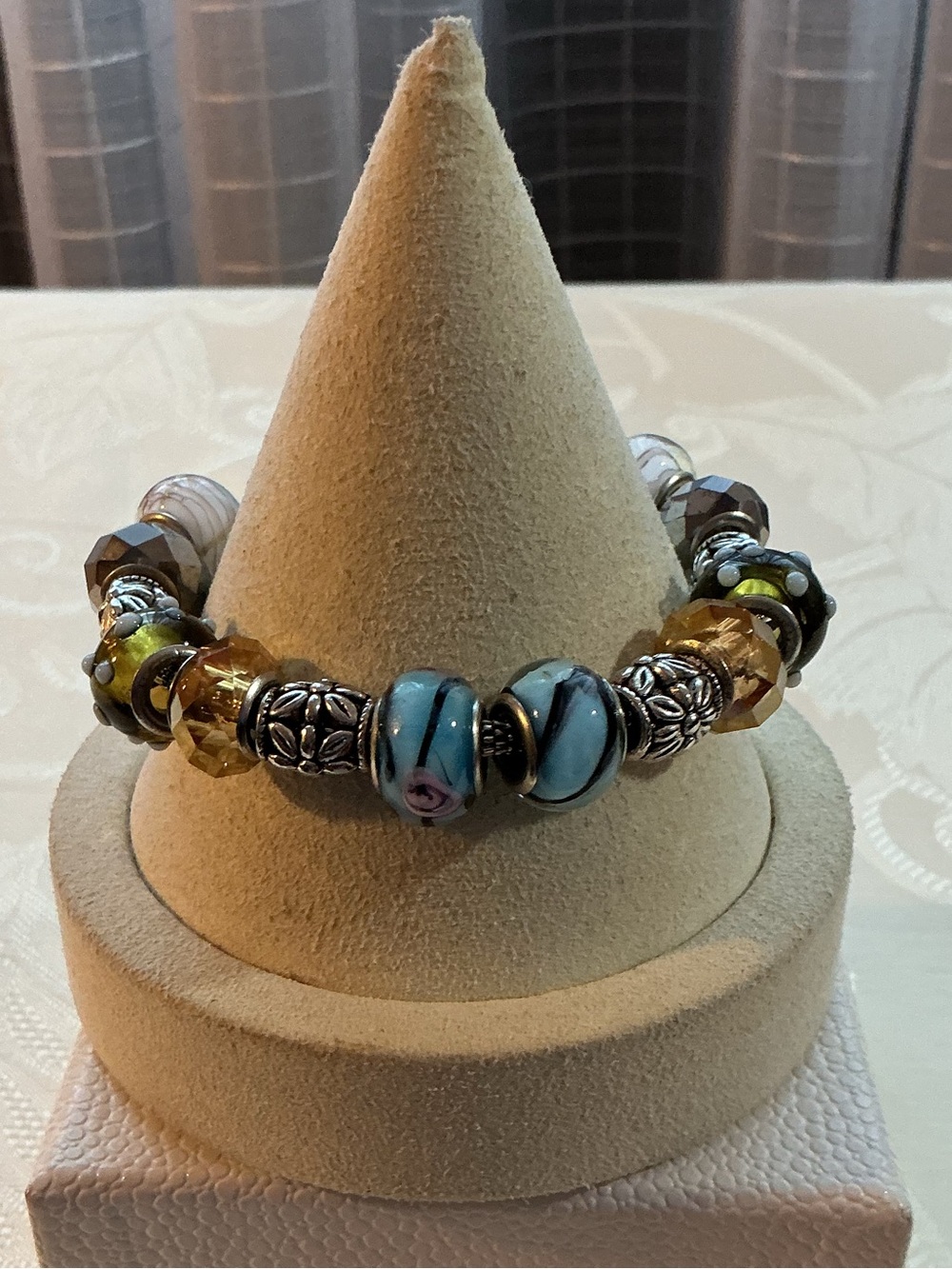 European Style Glass Bead Silver Tone Charm Bracelet